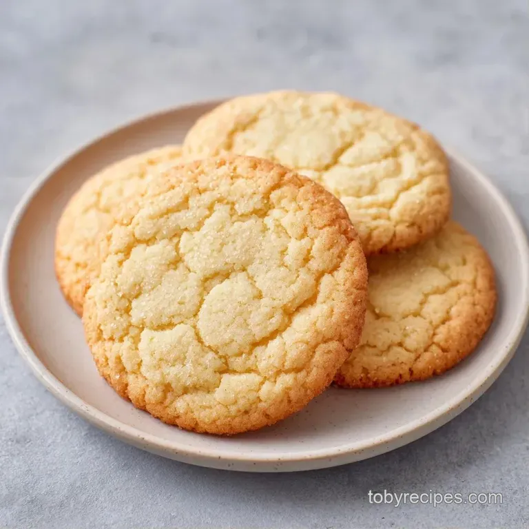 Three soft, pale gold cookies stacked neatly on a minimalist white ceramic plate beside a cold glass of milk.