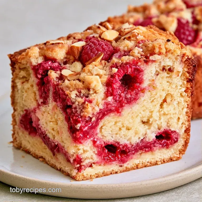 A slice of moist, golden cake on a white plate with a sweet white glaze drizzle and scattered fresh red raspberries.