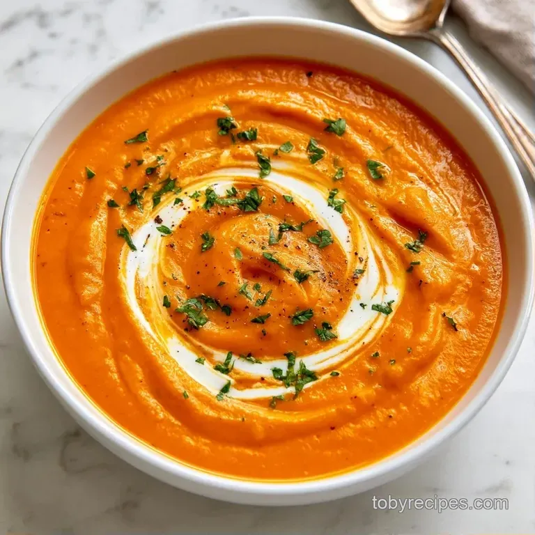 A shallow matte black bowl of velvet-orange soup garnished with micro-greens and a drizzle of olive oil.