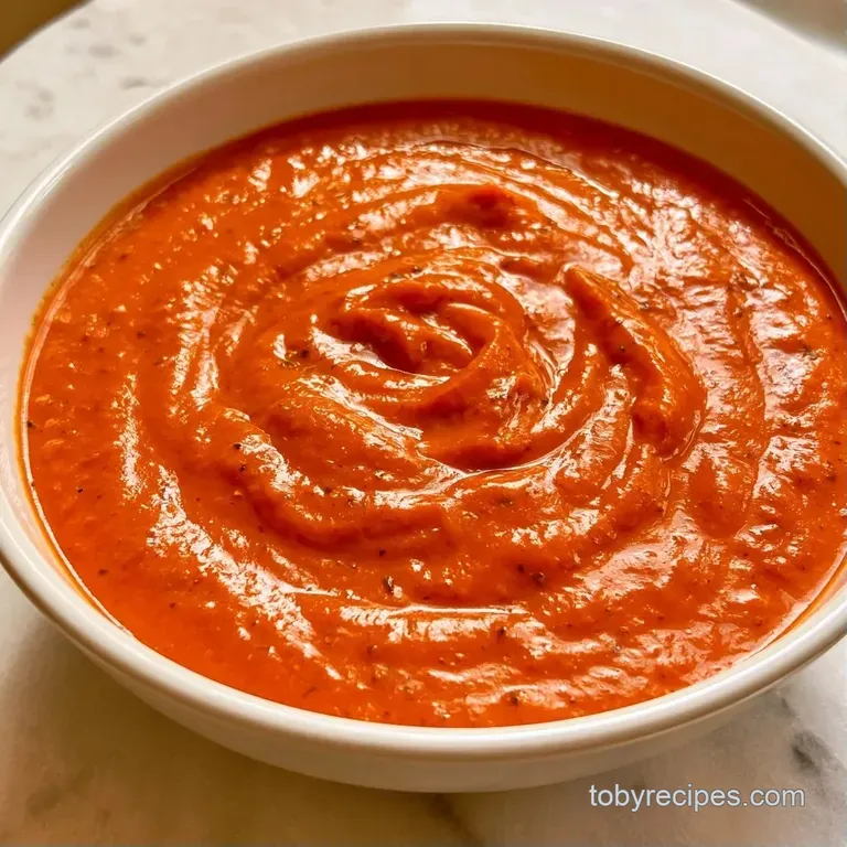 Deep red velvety soup in a white porcelain bowl served with a toasted sourdough slice and a sprig of fresh basil.