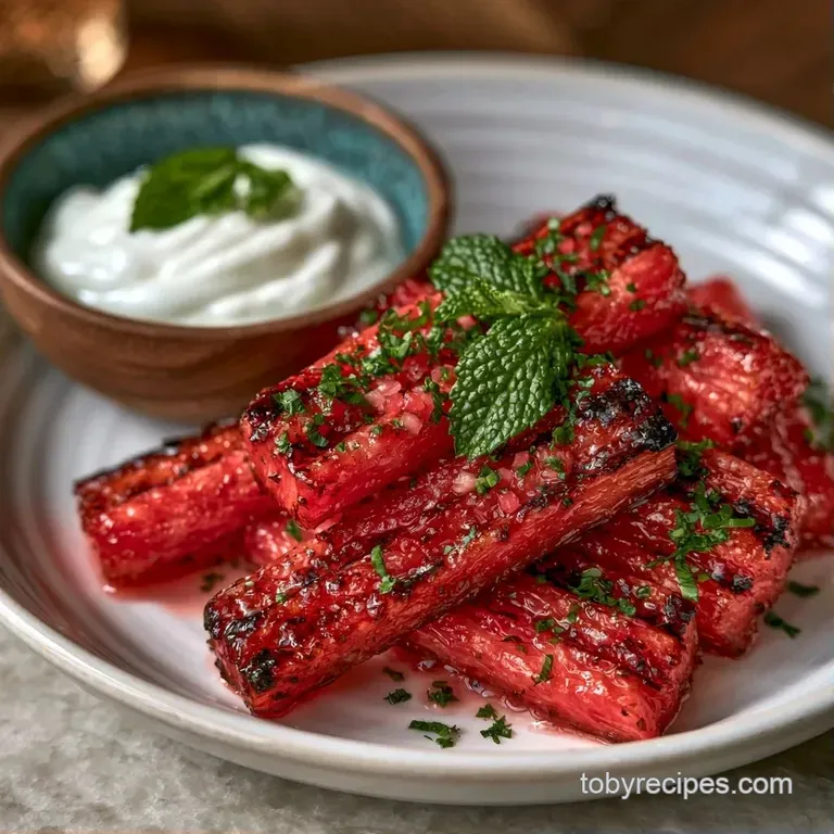Bright red fruit batons arranged neatly on a dark slate platter with a small bowl of zesty yogurt dip