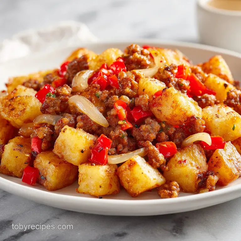 A neat pile of seared potato cubes and savory sausage bits garnished with fresh green scallions on a white plate.
