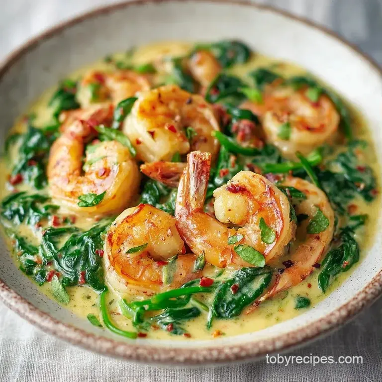Elegant plating of seared shrimp and bright green spinach in a glossy ivory sauce, topped with a fresh lemon wedge.