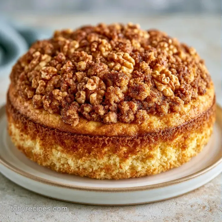 A thick slice of moist cake with a sandy cinnamon crust on a white porcelain plate next to a steaming coffee cup.
