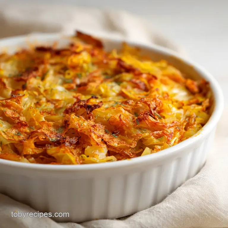 A generous scoop of stuffed cabbage casserole artfully arranged on a white plate, topped with fresh herbs.