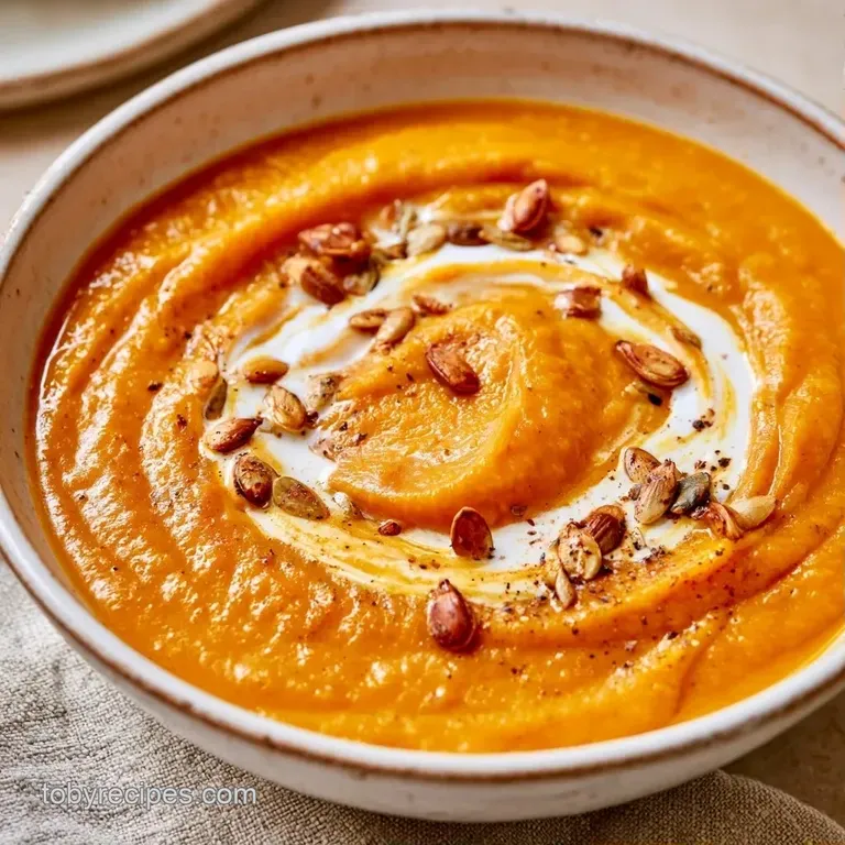 Deep orange creamy soup served in a modern bowl with a delicate swirl of cream and crisp microgreens on top.