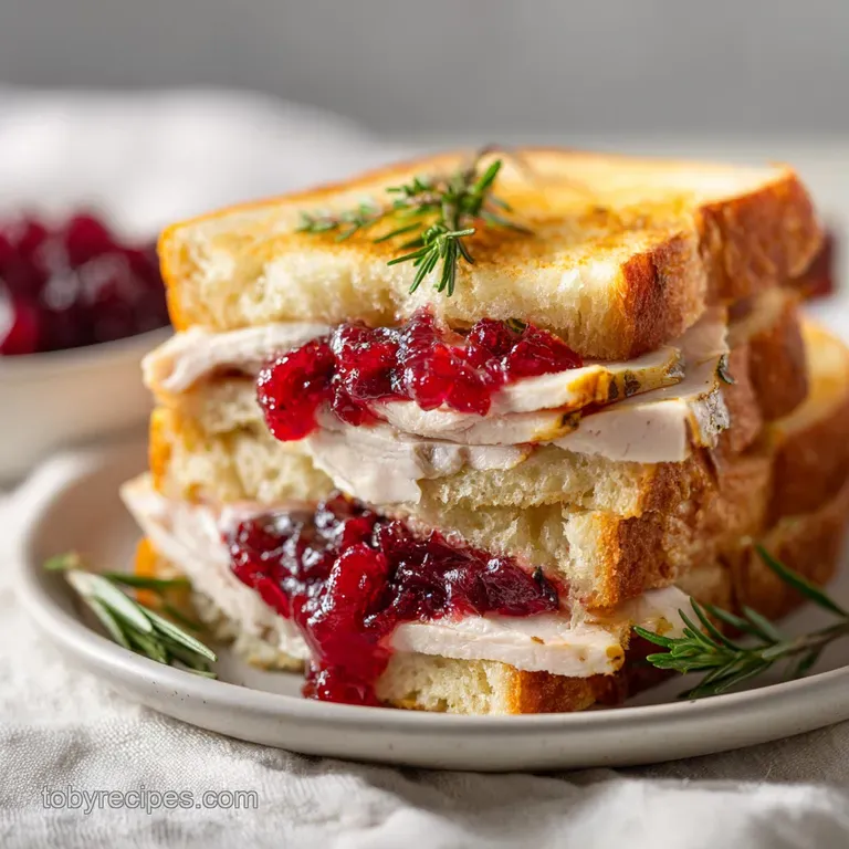 A beautifully plated turkey sandwich showcasing layers of juicy turkey, tart cranberry, and crusty bread.