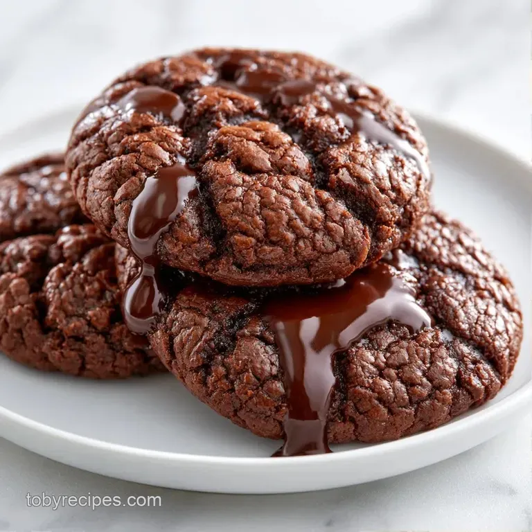 A stack of rich cocoa cookies on a ceramic plate, dusted with powdered sugar and served beside a glass of milk.
