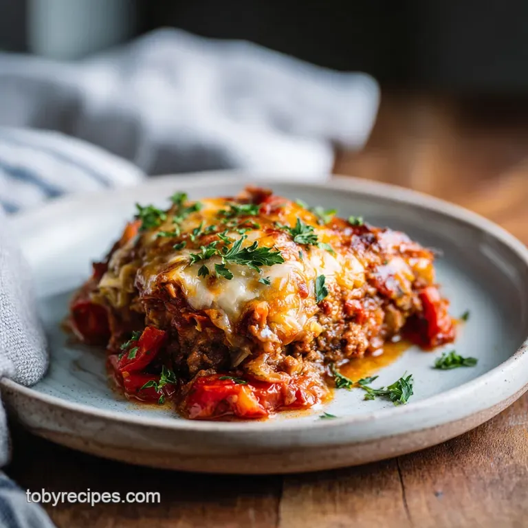 A warm bowl of unstuffed cabbage casserole, topped with melted cheese and fresh parsley.