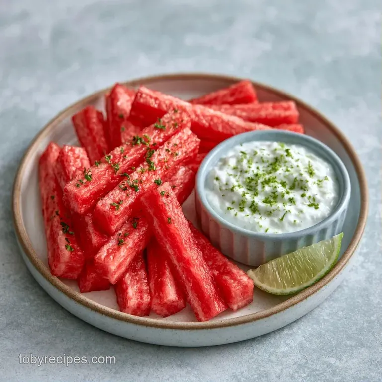 Neatly arranged red fruit batons circling a small bowl of velvety white dip on a modern slate platter.