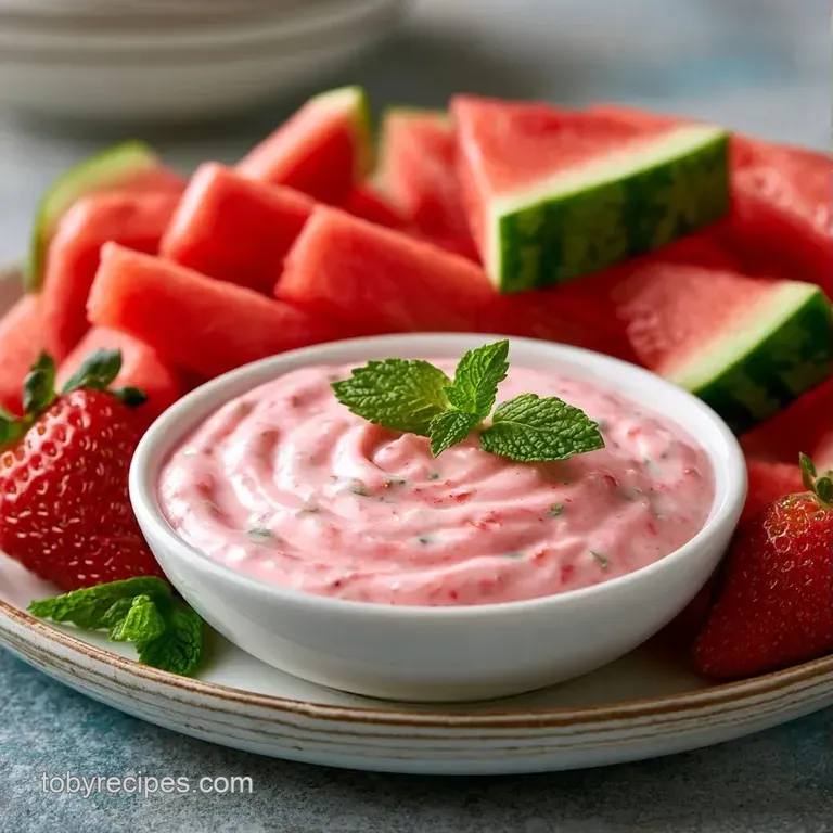 Bright red fruit spears encircling a creamy white dip on a marble slab with a sprinkle of fresh mint garnish.
