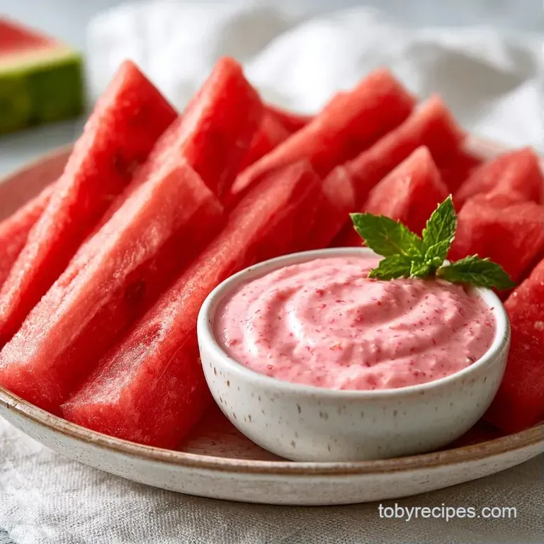 Bright red fruit batons arranged neatly around a porcelain bowl of thick white cream on a white marble surface.